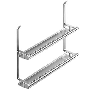 Hanging spice rack shelf, connected to a rail for simple fixing. With plated steel supports in a