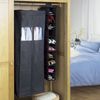 This hanging wardrobe unit is made from a natural coloured canvas and features a stripe design. It m