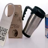 red bull energy drink, coffee and do not disturb sign