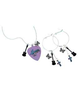 Plectrum necklace and hoop charm earrings. Necklace length 38cm/15in plus 5cm/2in extender. Base met