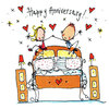 The happiest couple bouncing with joy on their bed... this is the happiest `Happy Anniversary` card 