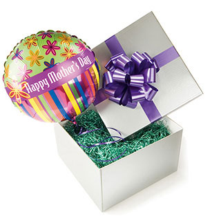 A Happy Mother's Day balloon presented in a silver gift box.