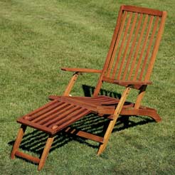 Oiled finish hardwood steamer relaxer chairAdjustable back and folding leg-restFolds flat for easy