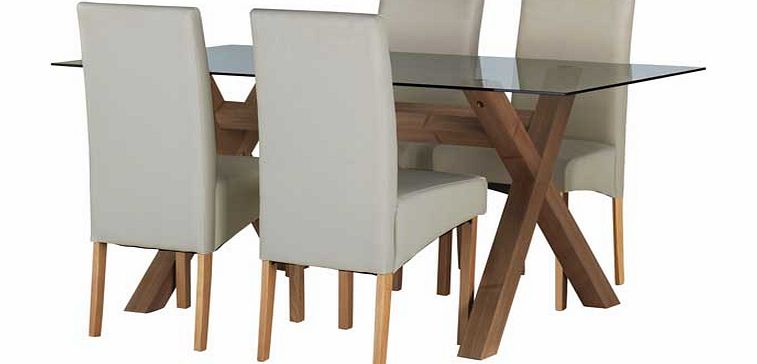 Part of the Hartley collection. Table: Size H75. L160. W90cm. Glass table. Wooden legs. Chairs: 4 chairs. Size of each chair H95. W44. D55cm. Rubberwood frame. Rubberwood legs. Leather effect seat pads and back rest. Oak stain finish. General feature