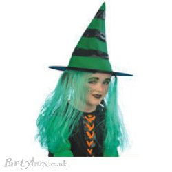 Hat - Witch Green Stripe with Hair - Child