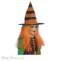 Hat - Witch Orange Stripe with Hair - Child
