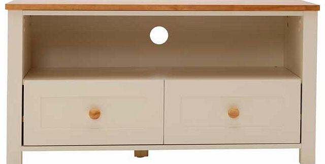 Solid pine wood and wood effect. Part of the Haversham collection Size H50. W95. D39cm. Weight 22kg. 2 drawers with plastic runners. Antique brass handles. 1 media storage section. Largest height of media equipment sections 20cm. Easy cable access. S