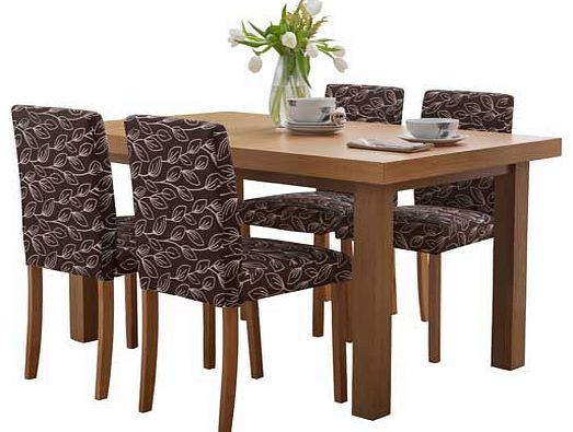 Give your dining room a contemporary edge with these chairs and a table from the Hayden collection. The table comes with an integral extension that adds 45cm to the length and the 4 solid wood chairs are upholstered in a brown fabric with a cream lea