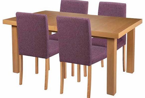 From the Hayden collection. this dining table with chairs adds a lovely splash of colour to your dining room. This oak effect table has an integral extension that adds 45cm to the length. and 8 solid wood chairs that are upholstered in purple fabric.
