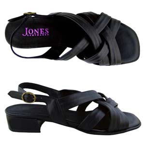 A casual sandal from Jones Bootmaker. Features weaved straps, adjustable ankle strap and block heel.