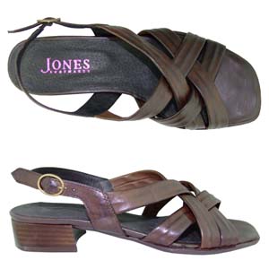 A casual sandal from Jones Bootmaker. Features weaved straps, adjustable ankle strap and wooden effe