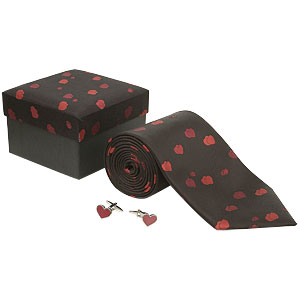 Heart Tie and Cufflinks Gift Set- Black and Red