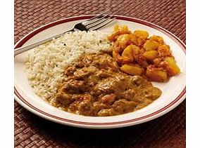 A creamy, medium-spiced curry with hints of tomato and red chillies. Served with Bombay potatoes and coriander white rice.