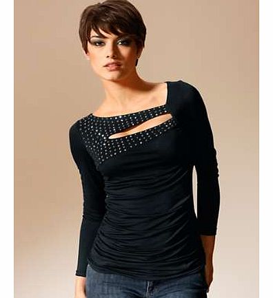 Lovely, long sleeve top with an asymmetrical neckline with stud detail and gathers at the waist. Heine Top Features: Washable 94% Viscose, 6% Elastane Length approx. 60 cm (24 ins)