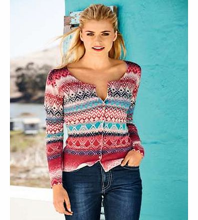 Fine knit with a round neck, front button fastening and two small pockets on the front. This fashionable round neck cardigan features a Aztec print and offers the perfect chic style. Layer over a co-ordinating top with our knitted snood for that uniq