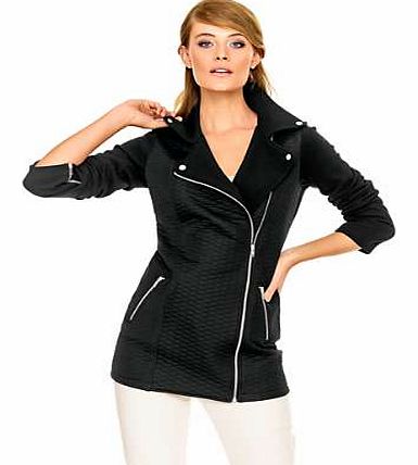 Longline, biker style jacket in a stretch jersey with zip fastening, 2 zip pockets and zip detail on the sleeves. Featuring a textured design on the front and studs on the collar. Heine Jacket Features: Washable Cream/Black: 95% Polyester, 5% Elastan