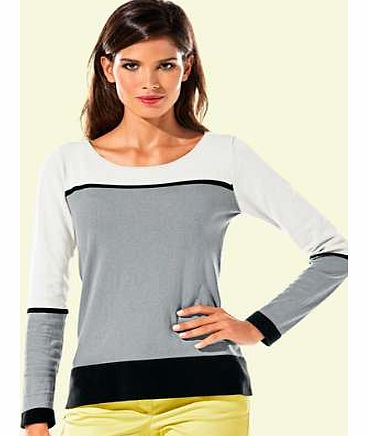 Colour block fine knit jumper with three-quarter length sleeves and round neck. Heine Jumper Features: Washable 80% Cotton, 20% Polyamide Length approx. 60 cm (24 ins)