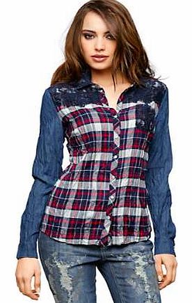 Casual shirt with a checked front and back and long, plain denim sleeves. With lace detail on the collar, pocket and neckline, front and back. Heine Shirt Features: Washable 62% Cotton, 37% Polyester,1% Elastane Lace: 90% Polyamide, 10% Elastane Slee