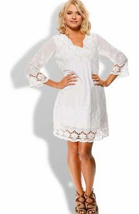 An off duty look doesnt have to lack in style - we love this gorgeous dress option. In a pure cotton with beautiful embroidery detail on the sleeves, neckline and hem. Featuring fabric tie backs in a lined design. Add flats for a day look or heels fo