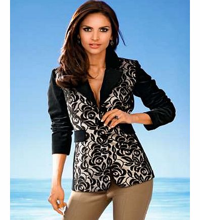 Stylish and chic, this inspired blazer with overlay of lace on the front and velvet sleeves, collar and flap pockets for an up-to-the minute look. Fabulous look with trousers or dress. Heine Jacket Features: Dry clean 98% Cotton, 2% Elastane Lace: 10
