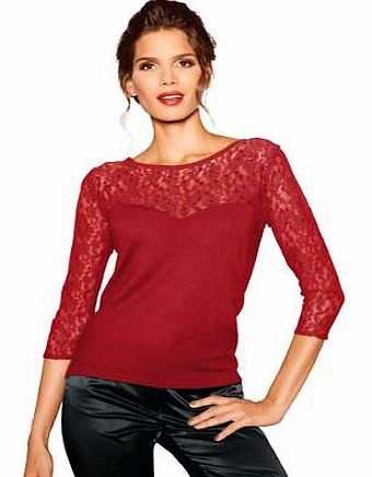 Fine knit jumper with a lovely rounded neckline and transparent lace sleeves. The neckline is also in lace with sequin and bead decoration. Heine Jumper Features: Washable 80% Viscose, 20% Polyamide Lace: 80% Polyamide, 20% Cotton Length approx. 68 c