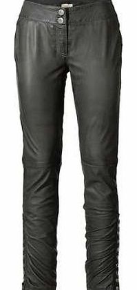 Distressed look leather trousers with snap button detail on the leg. Heine Trousers Features: Specialist clean only Leather Lining: Polyester Inside leg approx. 79 cm (31 ins)