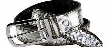 Fashionable, metallic look belt with studs and metal buckle fastening. Heine Belt Features: Leather Width approx. 3 cm (1 ins) Length approx. 75 cm (29 ins) Length approx. 85 cm (33 ins) Length approx. 95 cm (37 ins) Length approx. 105 cm (41 in