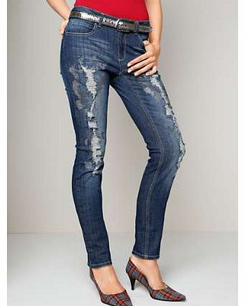 Skinny style jeans in a distressed look with glitter embellishment. Heine Jeans Features: Slightly low rise Washable 99% Cotton, 1% Elastane Inside leg approx. 81 cm (32 ins)