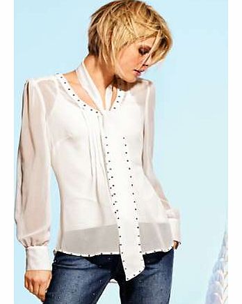 Slightly transparent blouse with front pleats, long sleeves and stud detailing. Featuring a matching fabric tie that can be worn around the neck or as a belt. Heine Blouse Features: Washable 100% Polyester Length approx. 70 cm (28 ins)