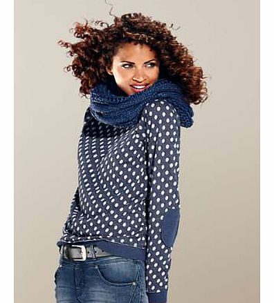 This relaxed top is a must have within your off-duty wardrobe. With pretty polka-dot print, contrasting elbow patches, cuffs and hem and raw seams. For warmth add our soft, knit snood.Heine Top Features: Washable 50% Cotton, 50% Polyester Trim: 50% C