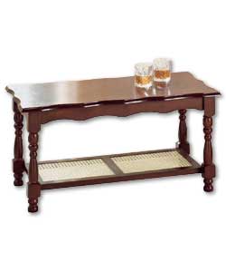 Mahogany effect. Solid wooden legs. Rattan undershelf with drawer. Size (L)77.5, (W)38, (H)76.5cm