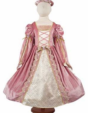 This gorgeous princess dress is made from rich pink velour and is trimmed with gold lace and pink roses. This is made in a sumptuous style that comes with a head garland. gold cape and includes a hooped skirt. Suitable for height 98 to 110cm. For age