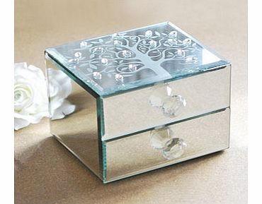 This simple but stunning Hestia Mirror Glass Leaf and Crystal 2 Drawer Jewellery Box would make a beautiful gift for a special lady on any occasion.This jewellery box will look beautiful displayed on a dressing table filled with special jewels and tr