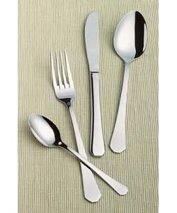Mirror polished stainless steel.Comprises 4 each of table knives, table forks, dessert spoons and