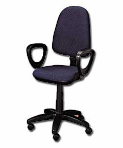 Blue fabric upholstered chair with tilt function. Gas lift seat height adjustable from 43 to 56cm