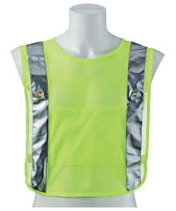 Mesh Hi Vis vest in flourescent yellow with two 50mm wide reflective strips and 6 LEDs with flashing