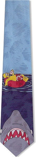 Homer eating a donut while lying on a blow up tube and a shark about to attack him on a light blue