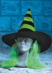 Unbranded Horror Hat - Adult Striped Witch w Hair - Green