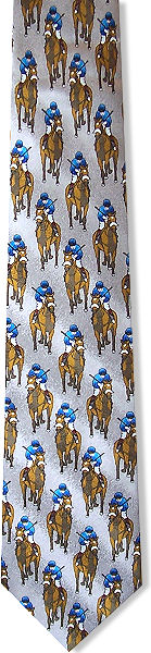 A smart silver silk tie with a horse racing theme featuring jockeys in blue.