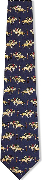 A lovely silk tie featuring images of two golden horses and jockeys in a race on a blue background