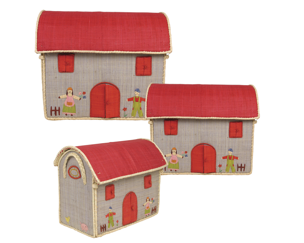 Set of 3 fair trade beautiful house-shaped storage baskets. Made from raffia and with embroidered de