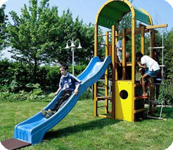 Made from square treated timbers.Includes polymer blue slide, ladder, rope ladder & climbing wall