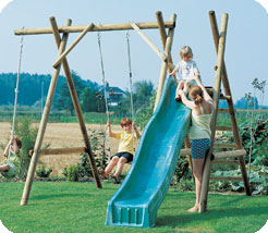 Compact attractive swing and slide set. Includes swing frame, wooden seated swing, climbing rope,