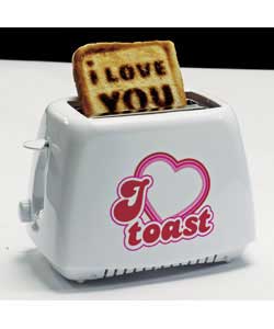 I love you toaster.Print I Love You on your toast with this funky white toaster. Size (H)21, (W)28, 