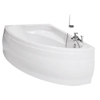 1500mm. Space-saving, offset, 2-taphole corner bath with 5mm acrylic panel in white. Taps sold