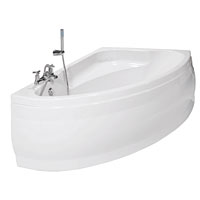1500. Space-saving, offset, 2-taphole corner bath with 5mm acrylic panel in white. Taps sold