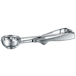 Stainless steel spring-handled ice cream scoop with a 5.3cm diameter bowl for serving up just the