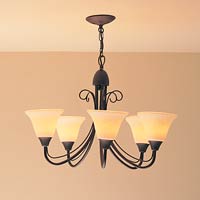 Aged metallic copper finish painted 5 light pendant ceiling light, Scarvo effect bell glass shades,