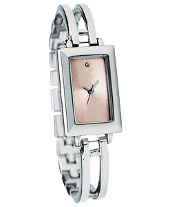 Pink sunray dial.Silver bracelet and rectangular case.Adjustable bracelet links.Clear stone set at 1