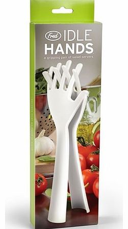 Idle Hands Salad Servers Idle Hands are a set of salad servers in the shape of hands! They are made of white, food safe plastic. Each of the salad hands measures around 8.4 cm x 27.5 cm x 1.5 cm. Hand wash only. These make wonderful kitchen accessori